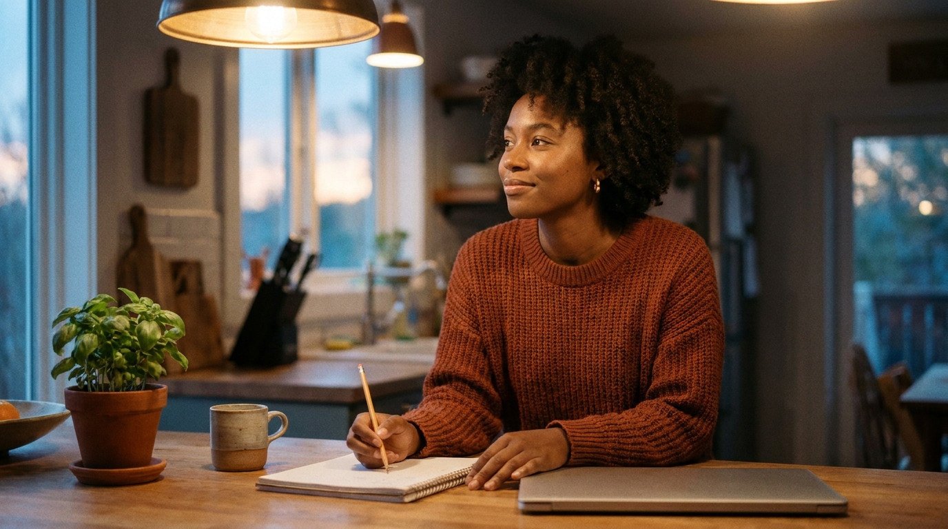 The main character, a career switcher, stands alone at a kitchen counter at dusk, holding a pencil in their right hand