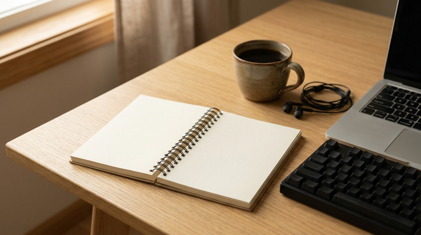 An open spiral notebook with blank cream pages lying on a light oak desk next to a black mechanical keyboard and a