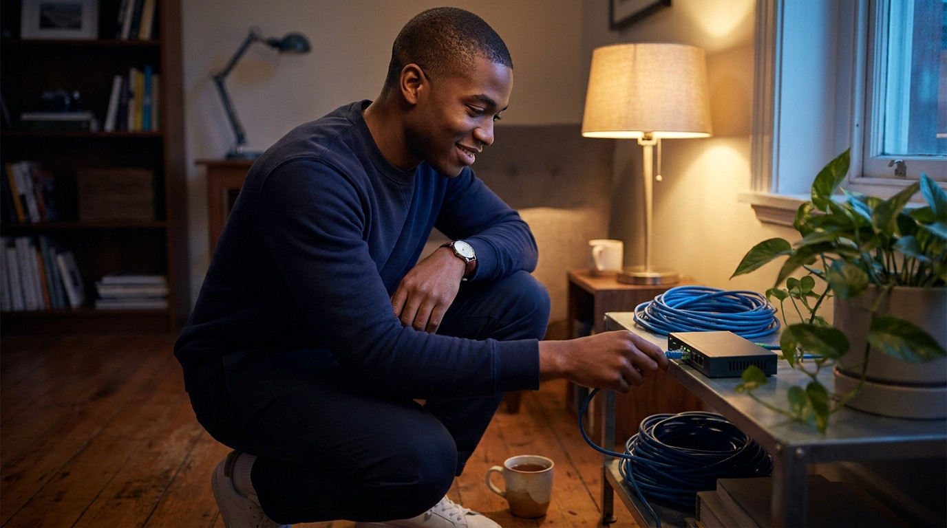 A young adult stands alone in a small, dim home office in the evening, crouched slightly in front of a low metal shelf