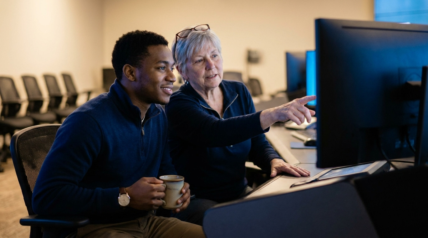 the young adult sits at a desk in a dim security operations room beside a senior analyst in her fifties with short gray