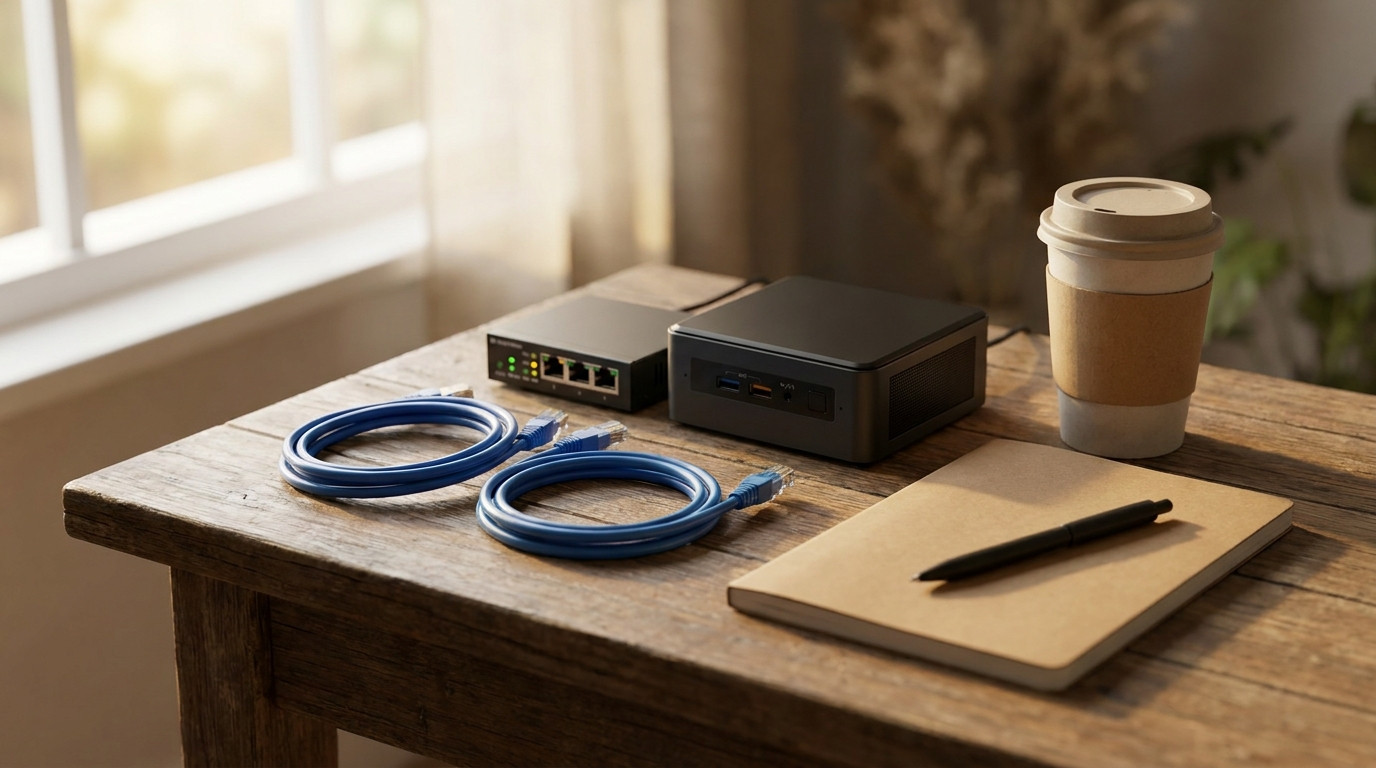 A compact home lab on a wooden desk, a small black mini PC and a palm-sized network switch with tiny green and amber