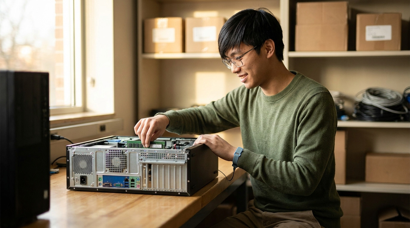 One person kneels beside a sturdy wooden workbench in a small campus IT repair room, carefully pressing a memory module