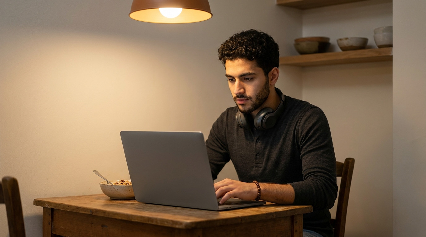 The same college student sits alone at a small kitchen table late in the evening, working on a laptop whose screen is