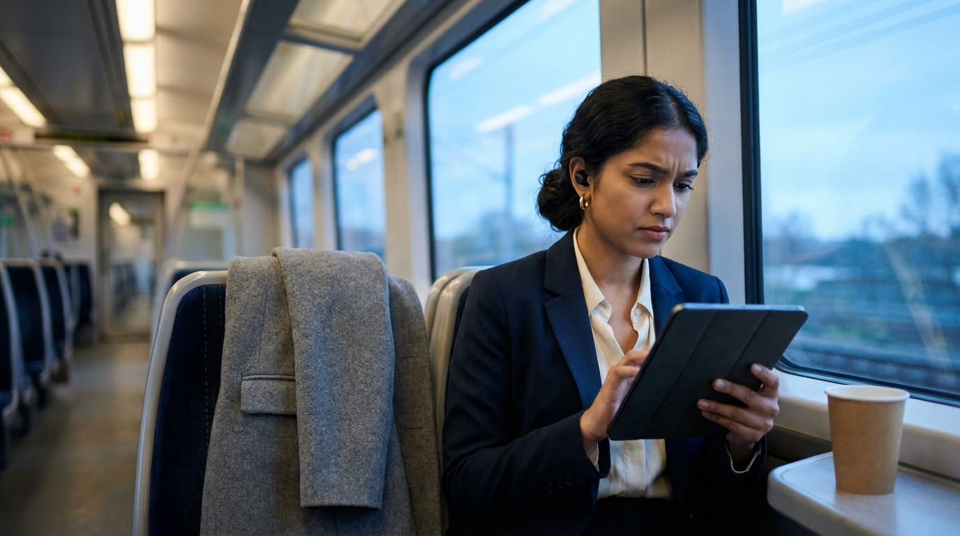 A woman in her late twenties sits alone by the window of a nearly empty early-morning commuter train, wearing small