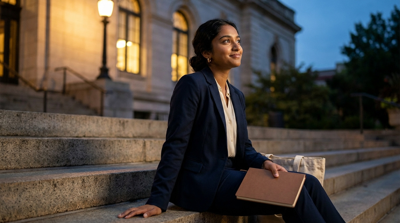 The same woman sits alone on the wide stone steps outside a public library at dusk, a closed plain notebook resting on