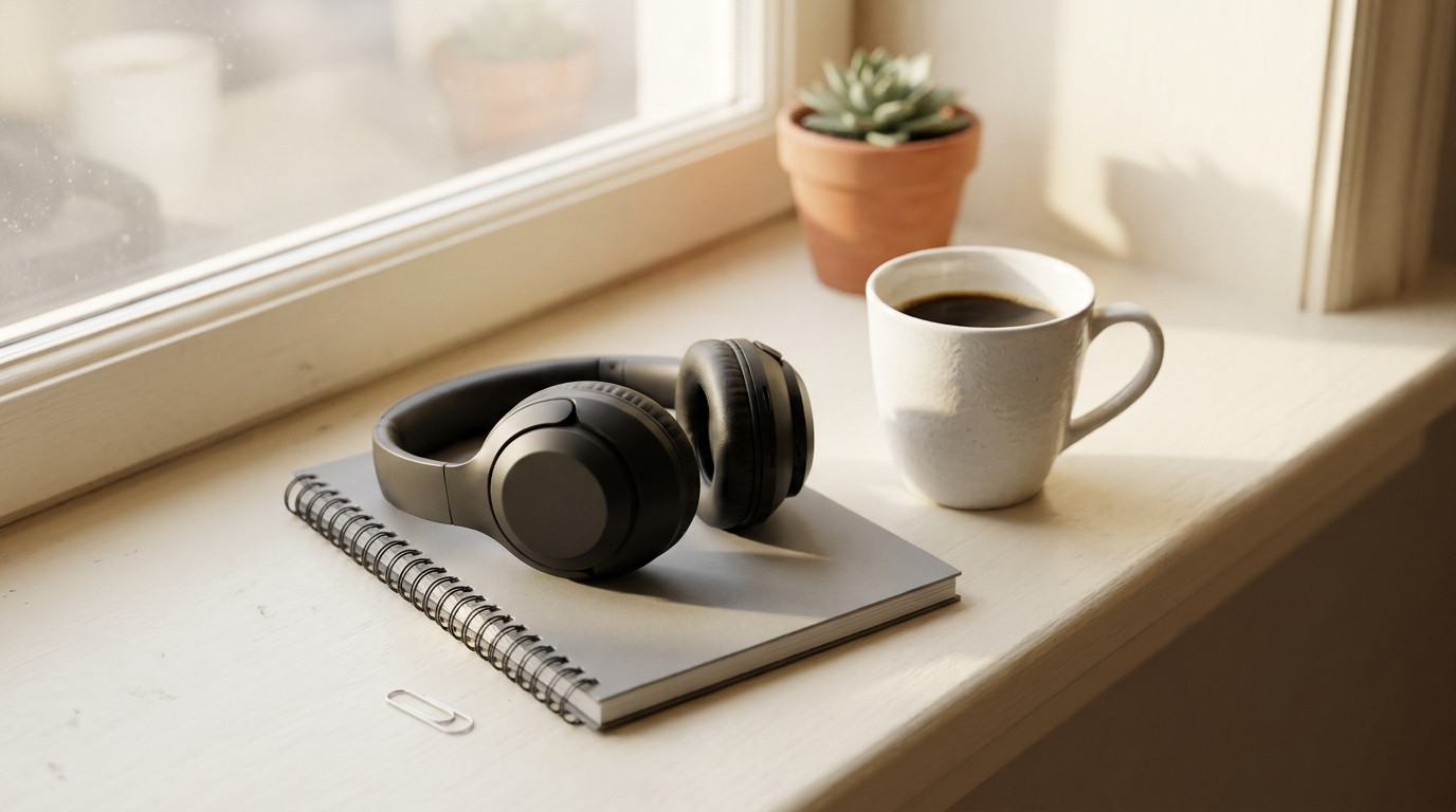 A pair of matte black over-ear headphones resting on a closed plain grey spiral notebook beside a white ceramic mug of