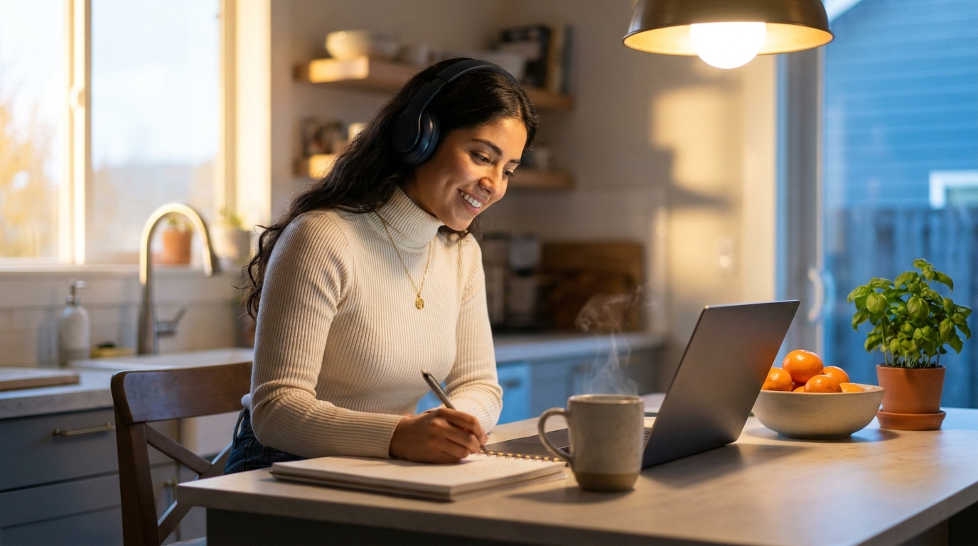 A woman in her late twenties sits on a tall stool at a kitchen counter at dawn, wearing over-ear headphones, her right