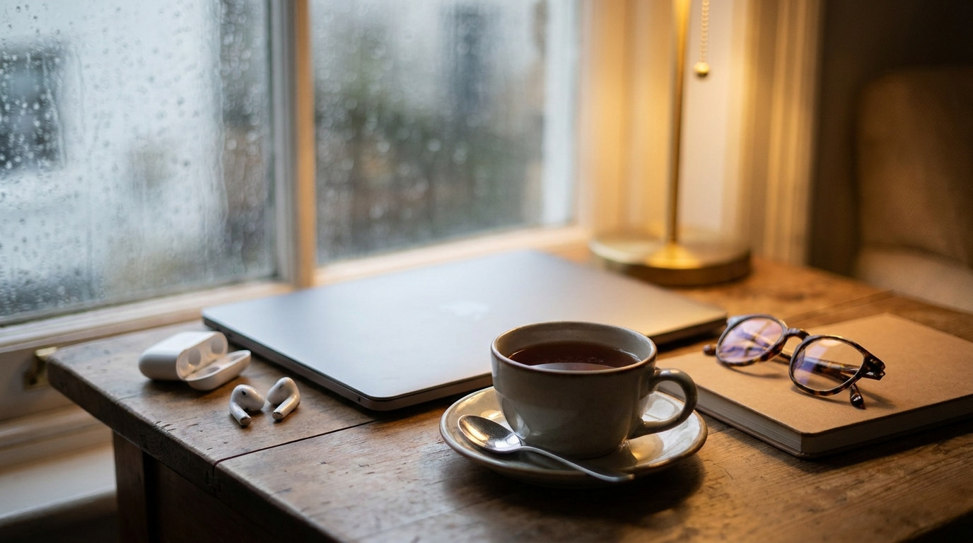Close-up of a wooden desk beside a rain-streaked window in the late afternoon, a closed silver laptop, an open case of