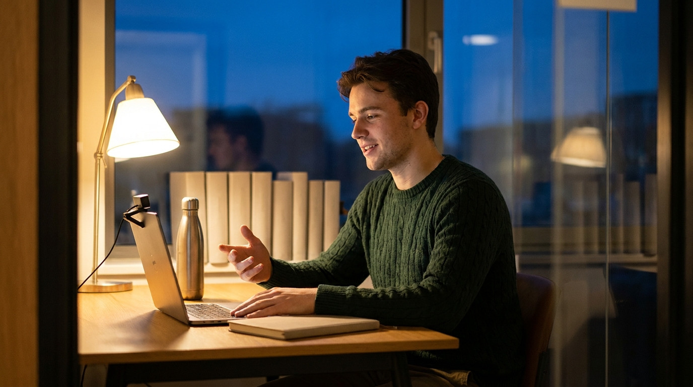 A young man in a dark green sweater sits alone in a small glass-walled library study room in the evening, speaking