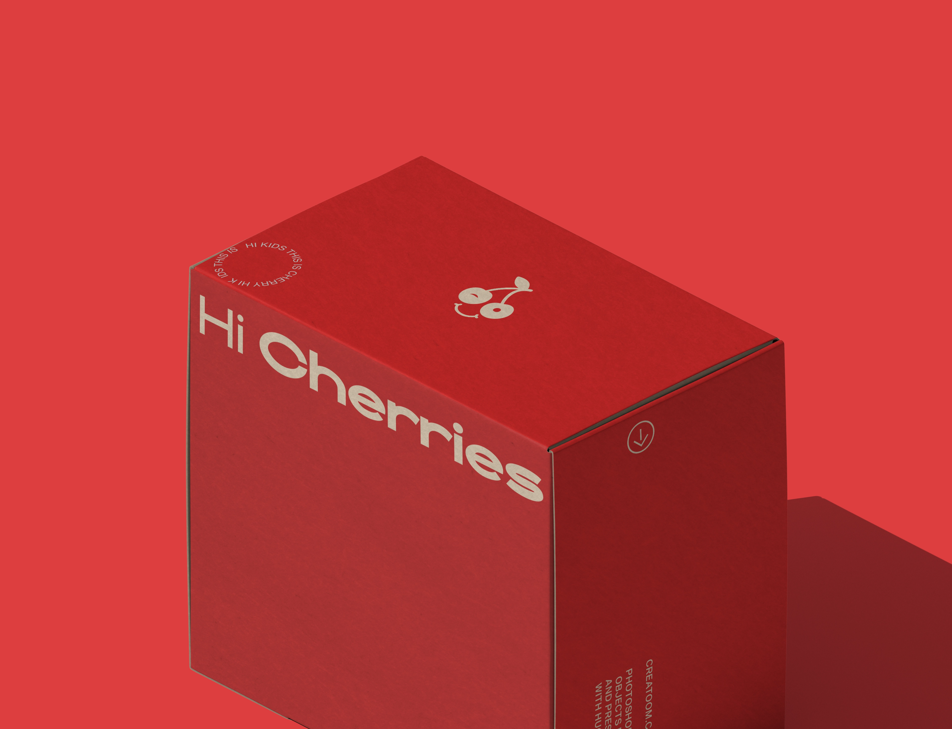 Red box with the text 'Hi Cherries' and a white cherry logo on a matching red background.
