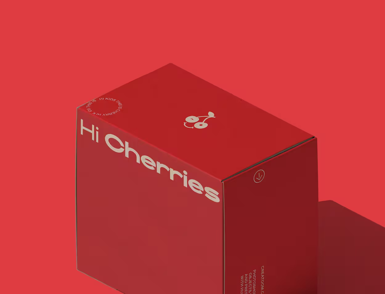 Red box with the text 'Hi Cherries' and a white cherry logo on a matching red background.
