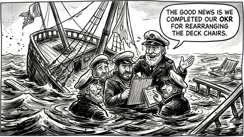 The illustration depicts a group of individuals working together to rearrange deck chairs on a boat amidst a turbulent sea.AI-generated content may be incorrect.