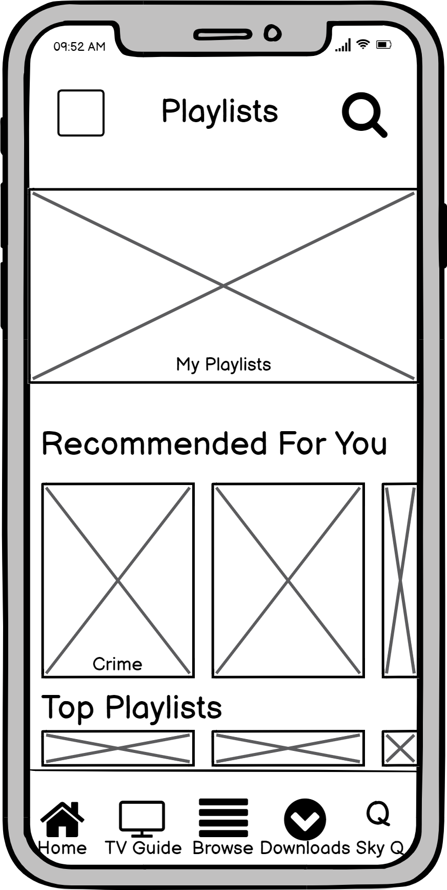 Sky Q GO Sky Playlists low fidelity mobile app examples