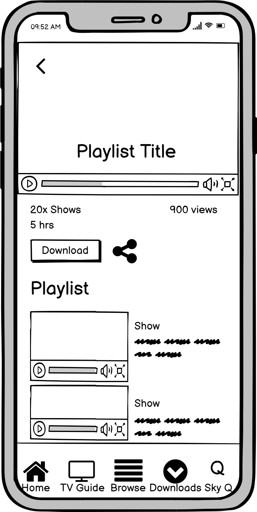 Sky Q GO Sky Playlists low fidelity mobile app examples