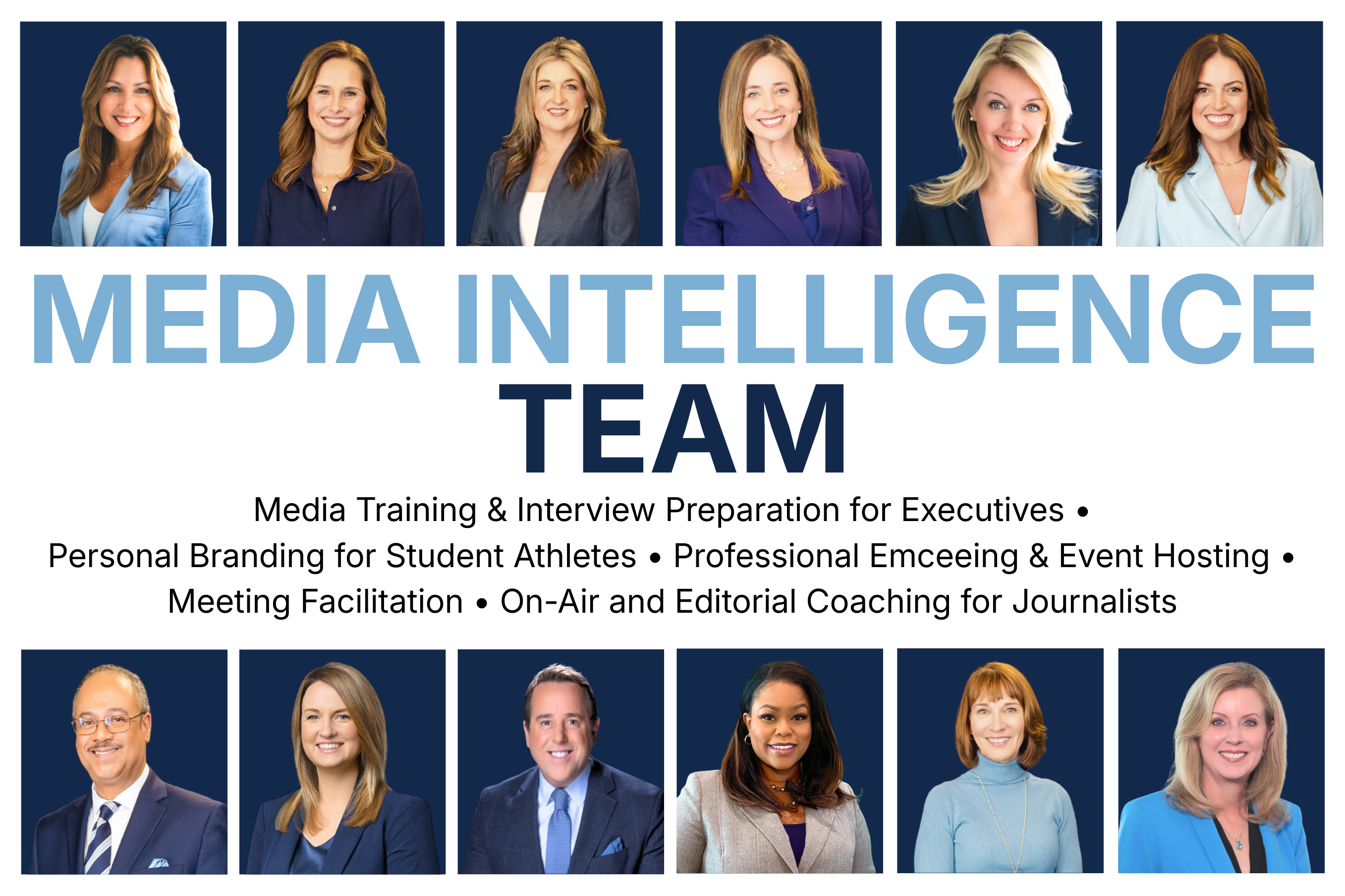 Media Intelligence team headshots and services including media training, interview prep, personal branding, and emceeing events.