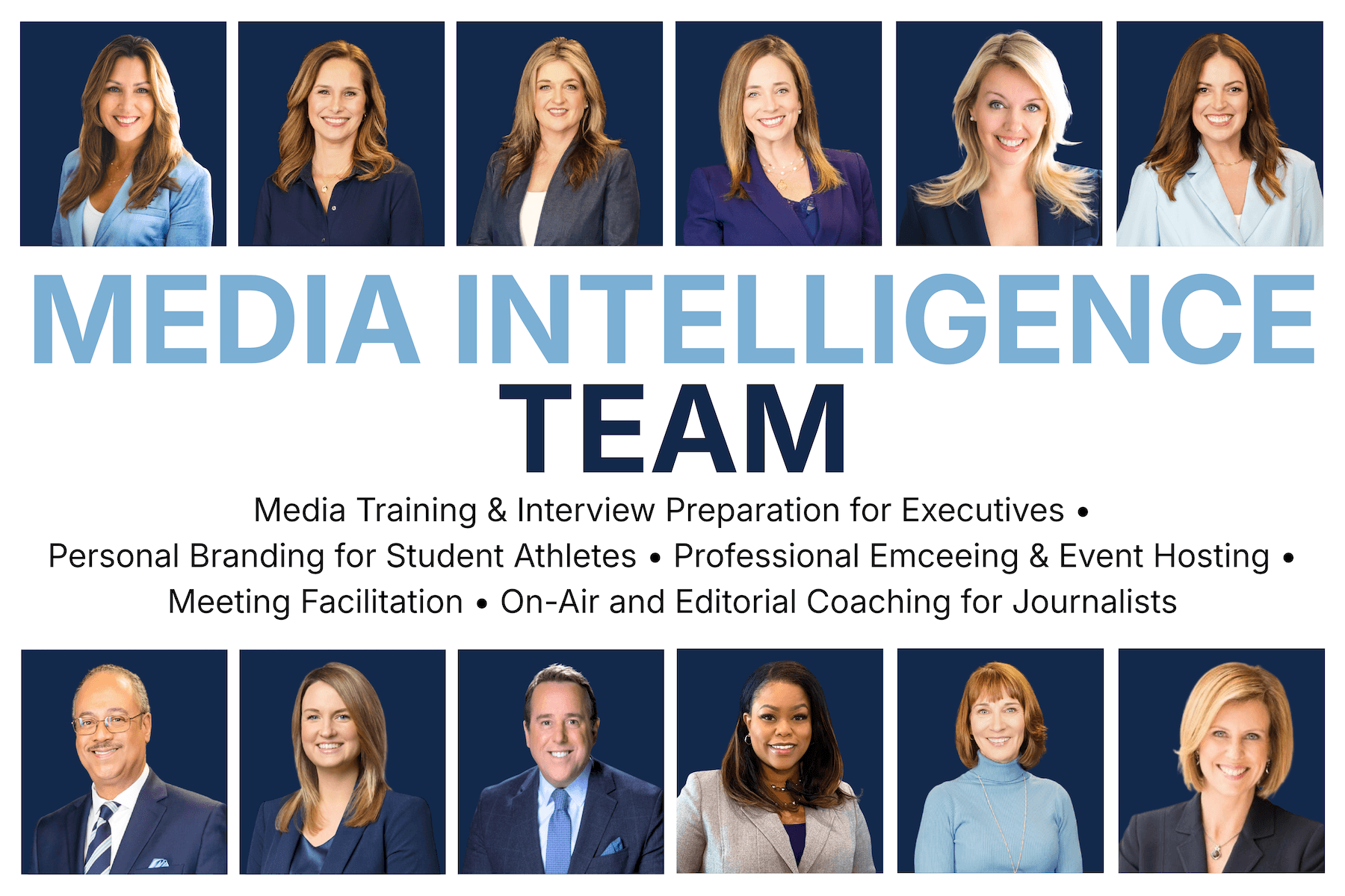 Media Intelligence Team of award winning journalists at Julie Parker Communications posing in professional headshots under team title "Media Intelligence Team"