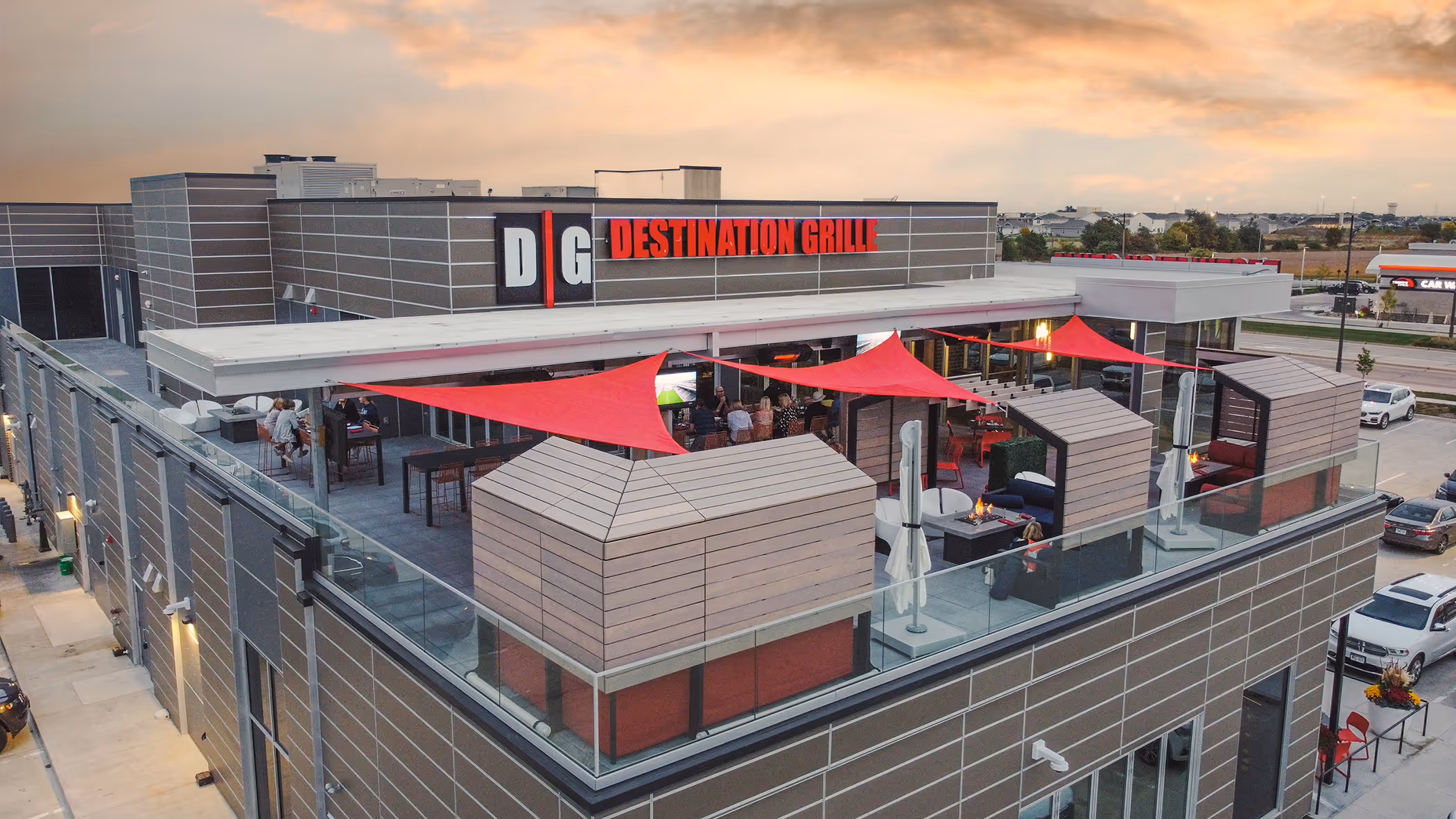 An aerial view of the Rooftop Terrace at DG