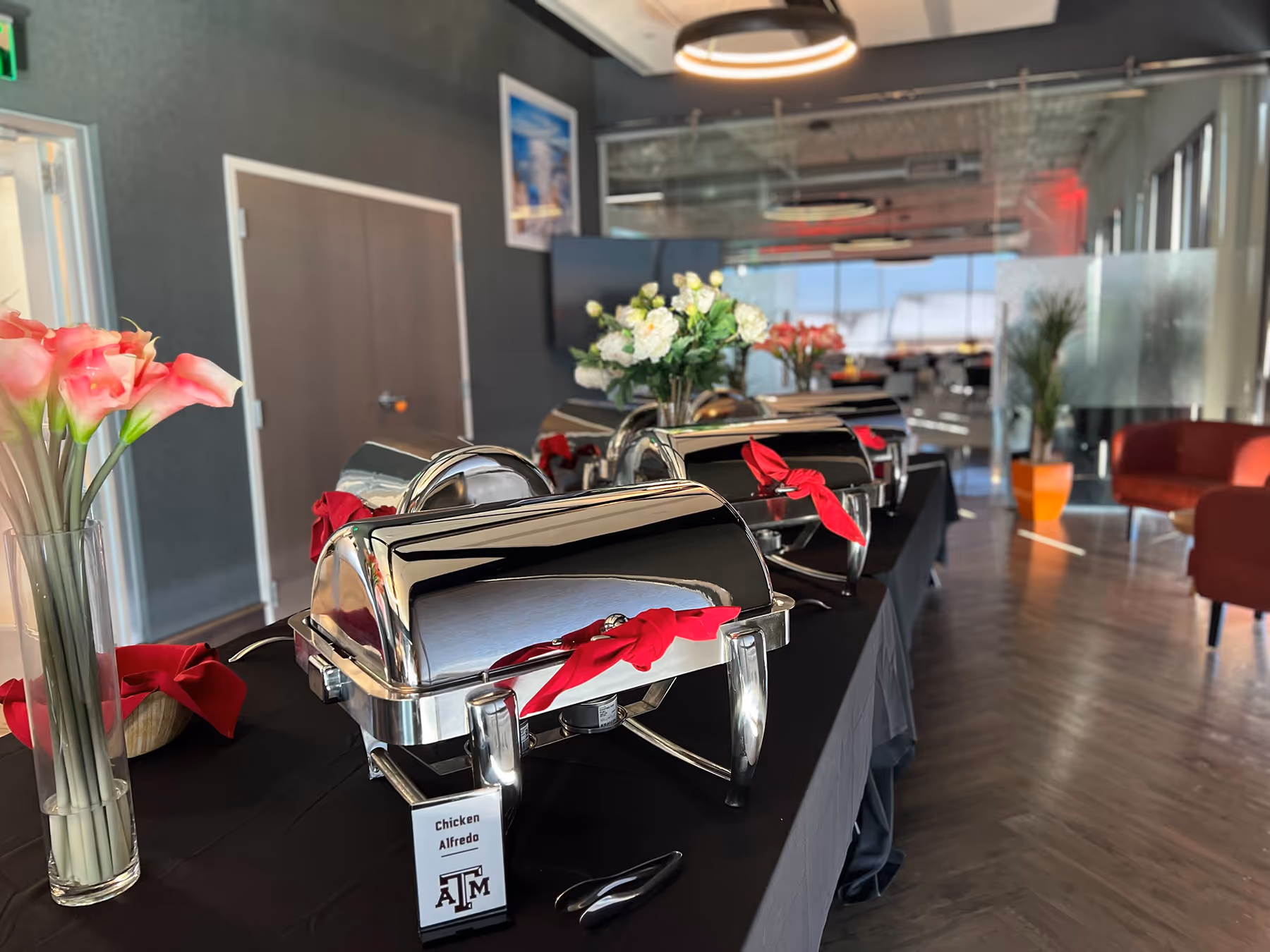 The Boardroom event space set up for a catered occasion 