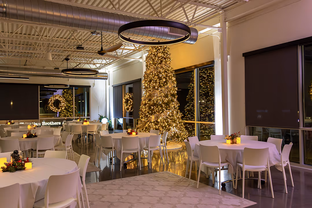 The Boardroom event space at DG decorated for the holiday season