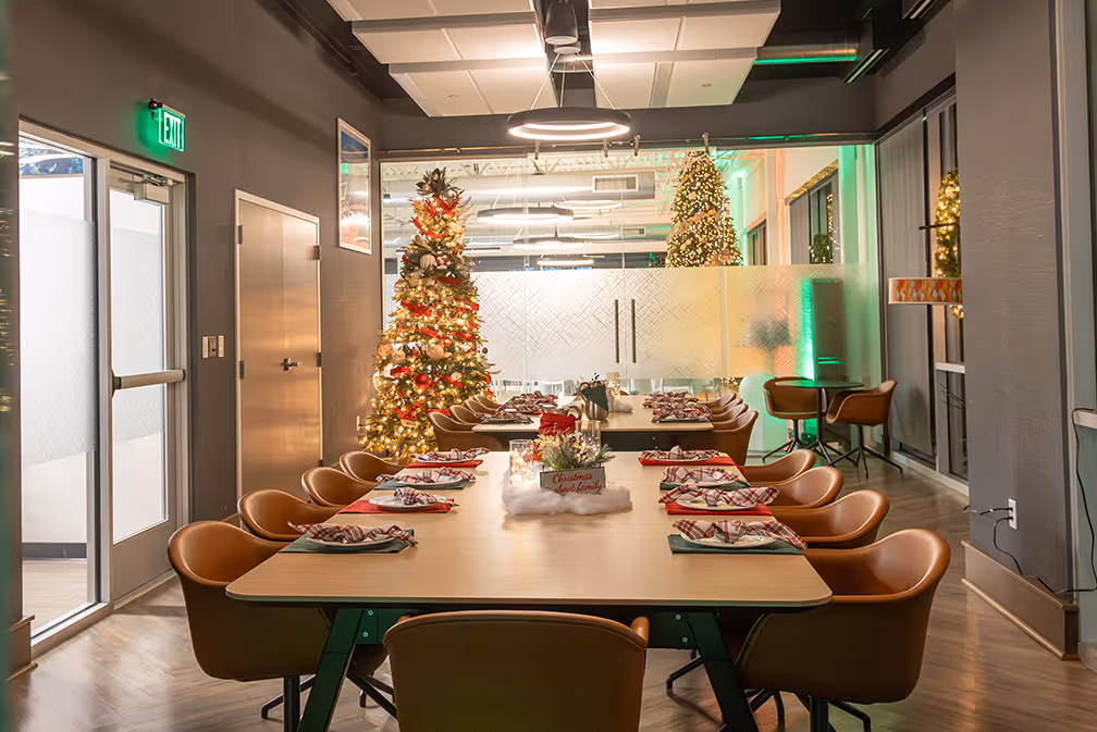The Boardroom event space decorated for the holidays