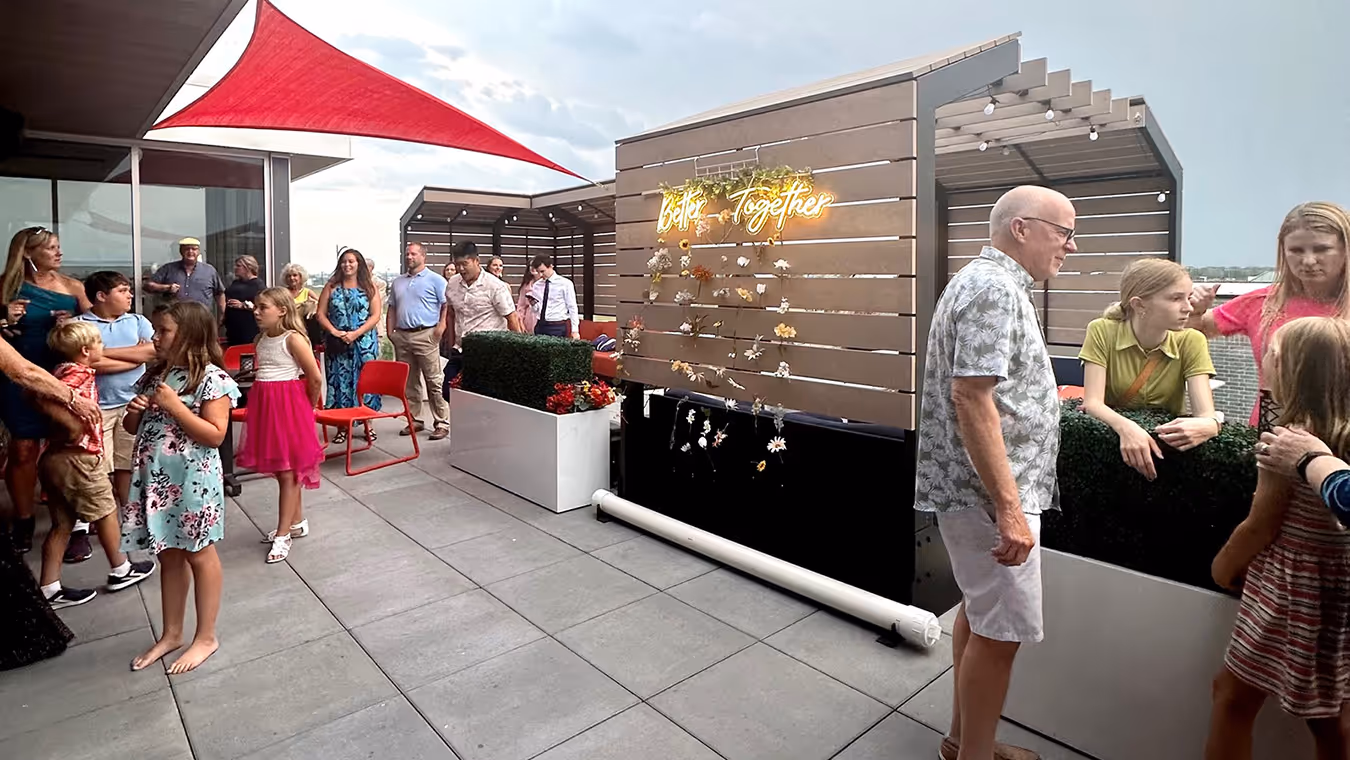 Guests enjoying the Rooftop Terrace event space during a wedding celebration