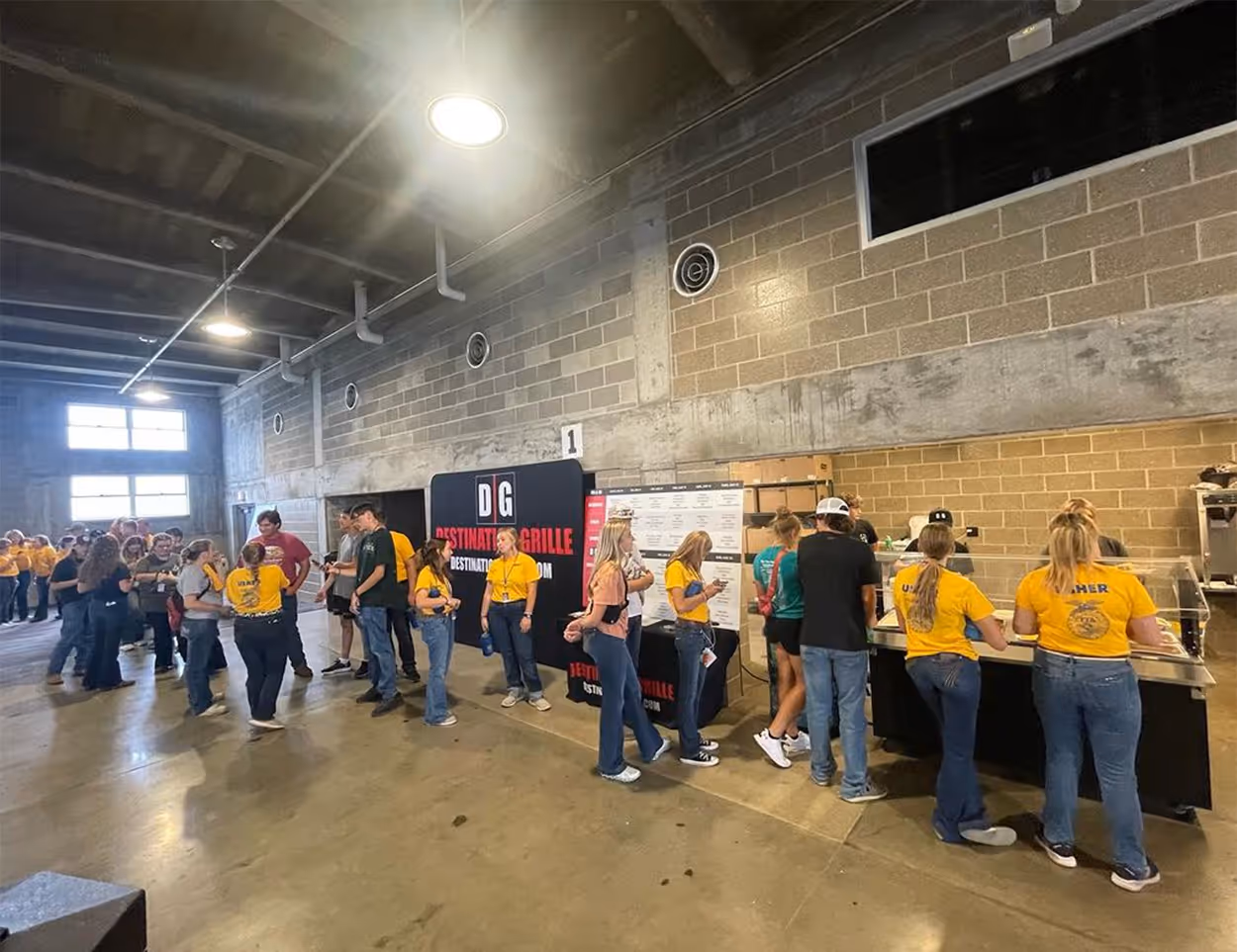 FFA/4H students lined up for lunch inside the Ohman Family Youth Inn at the Iowa State Fair.