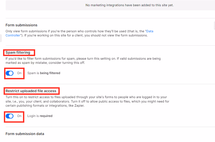 WebflowのSpam filtering設定