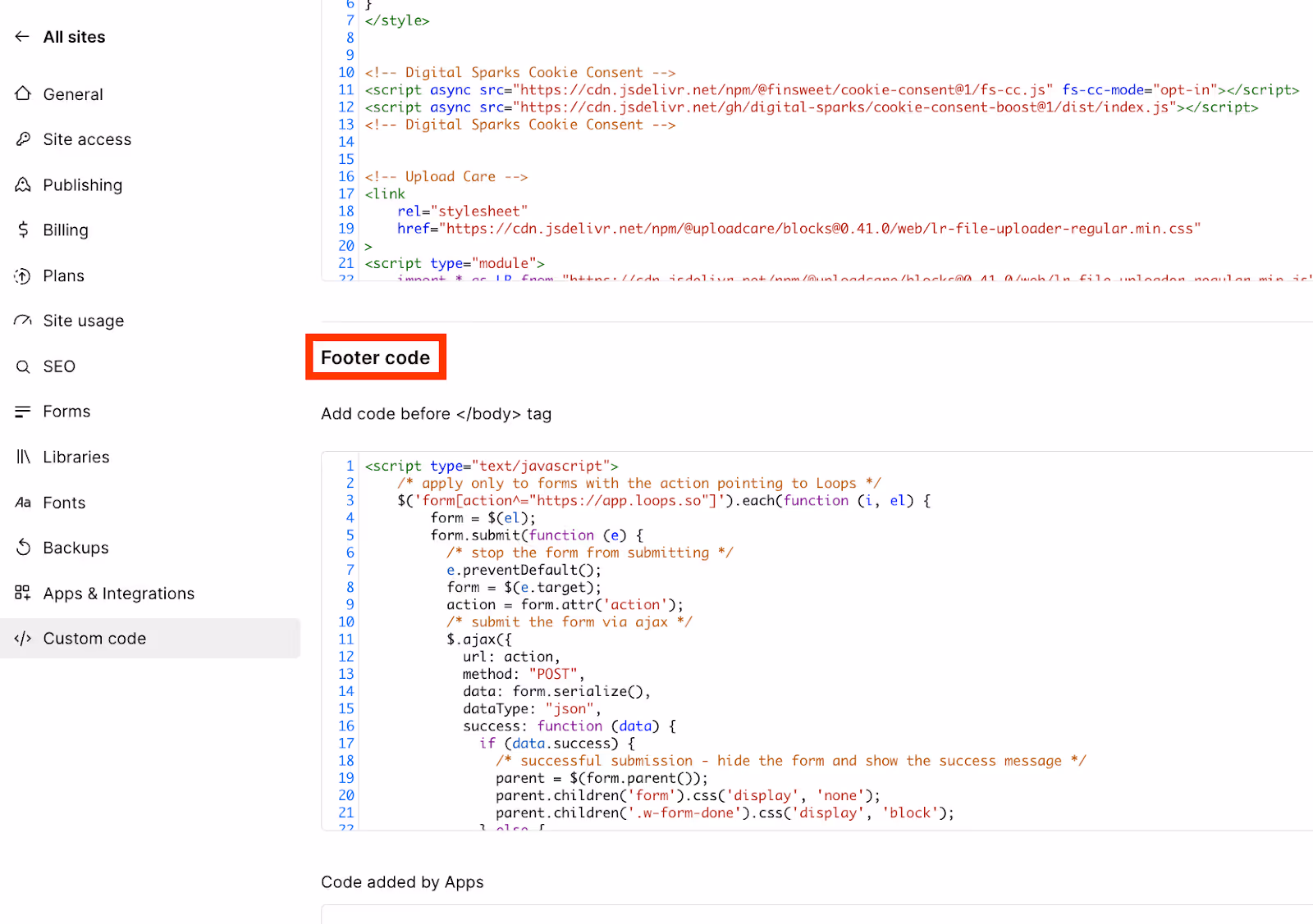 Webflow カスタムコード Footer code