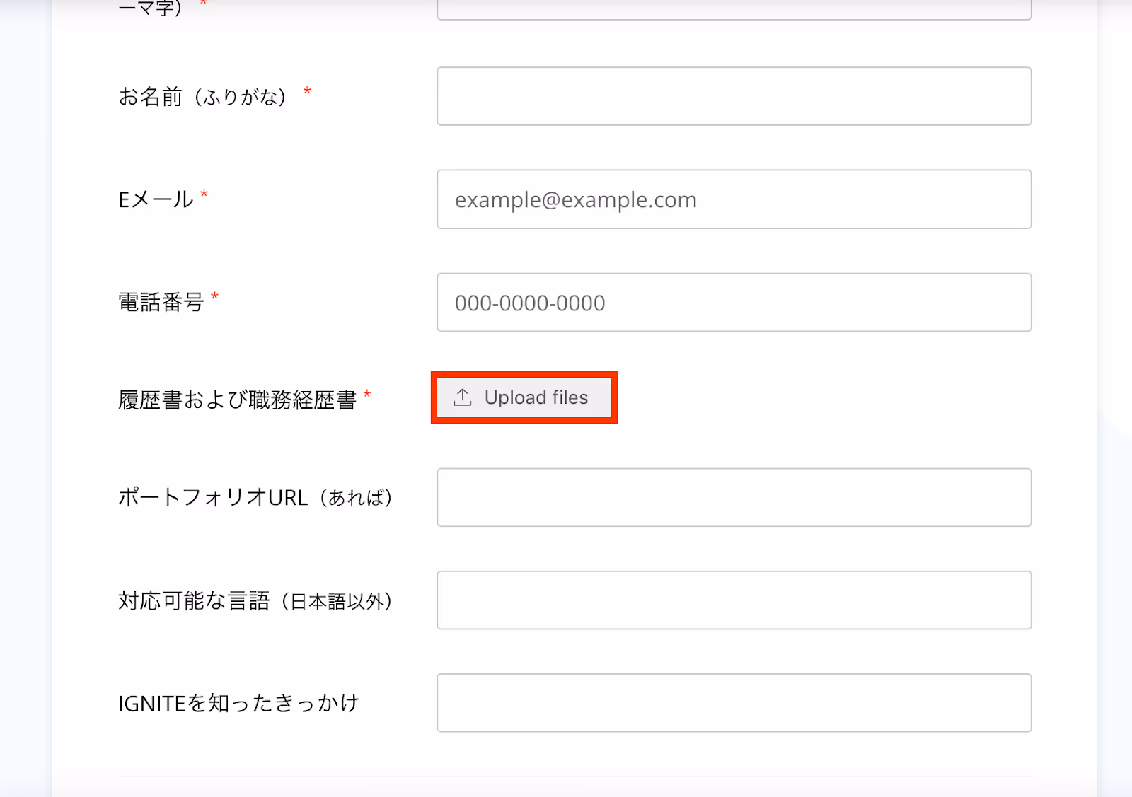 IGNITE応募フォーム　履歴書及び職務歴書Upload files