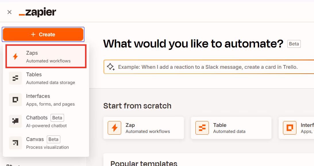 Zapier：新規Zap作成する手順・Creatボタン