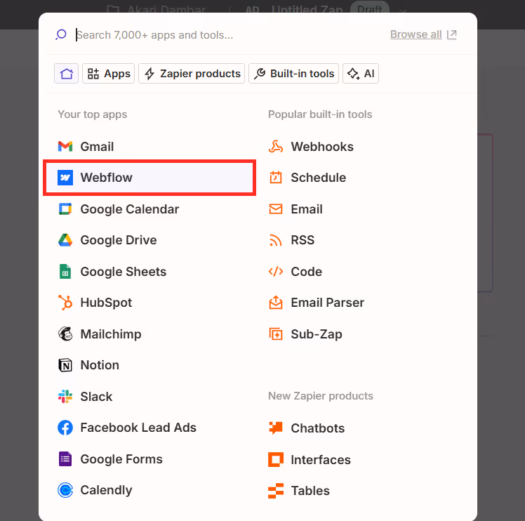 Zapier：Webflowをトリガーに設定・Webflowを選択画面