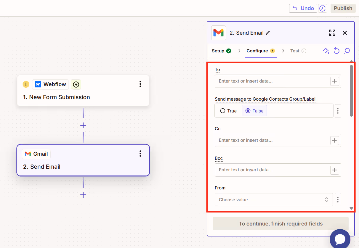 Zapier：メールの設定画面