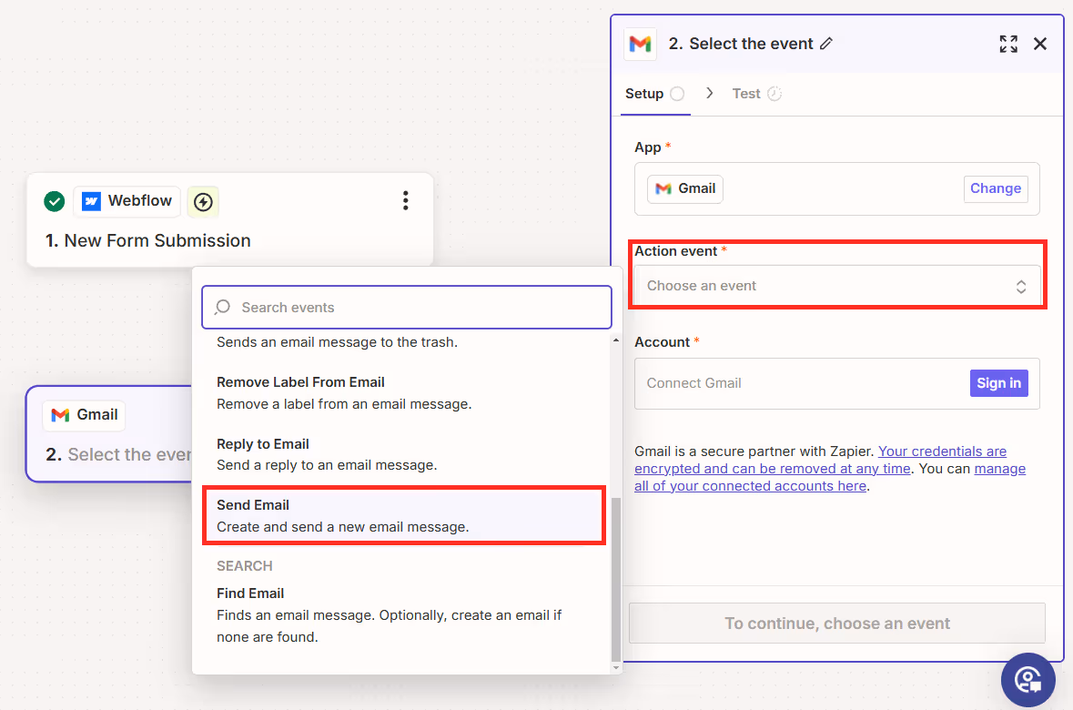 Zapier：Action イベントを選択・Gmailを選択