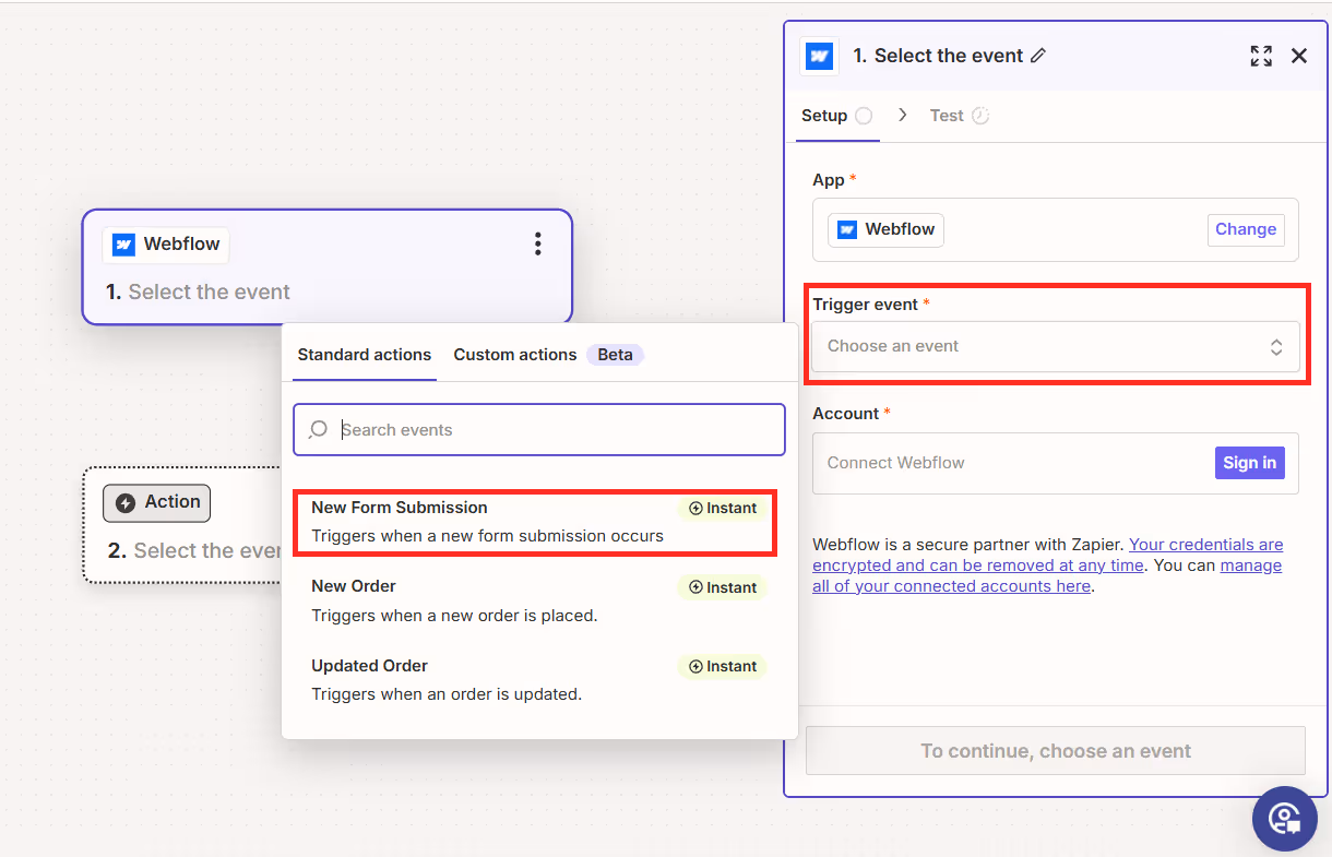 Zapier：Webflowをトリガーに設定・フォーム送信選択画面