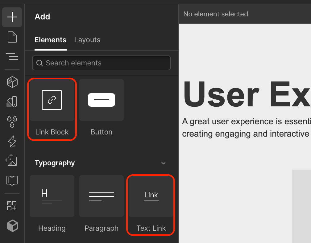 Link BlockとText Linkを追加する画面