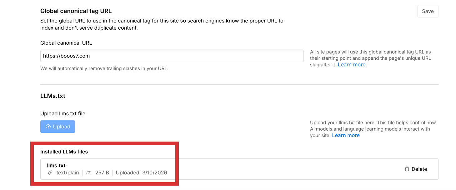llms.txtファイルの記述例とWebflowへのアップロード後の確認画面