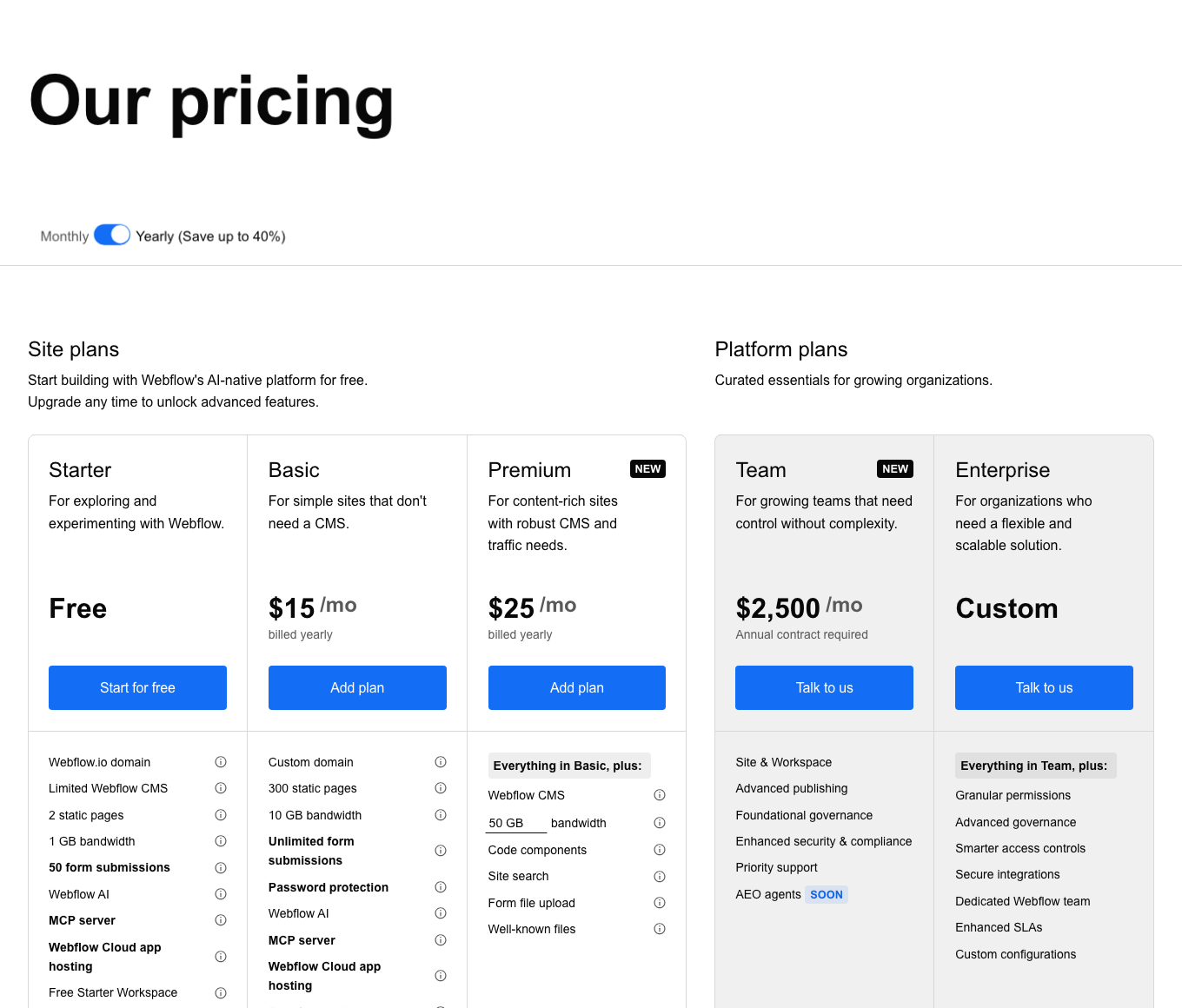 Webflow公式料金ページのSite Plans(Starter / Basic / Premium / Team)スクリーンショット