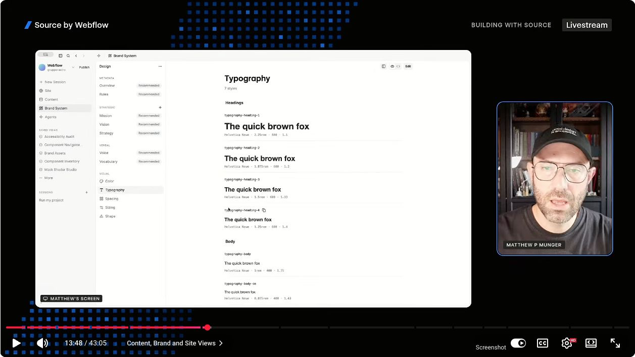 Sourceのブランドシステムビューでフォントと文字のスタイルを確認する画面