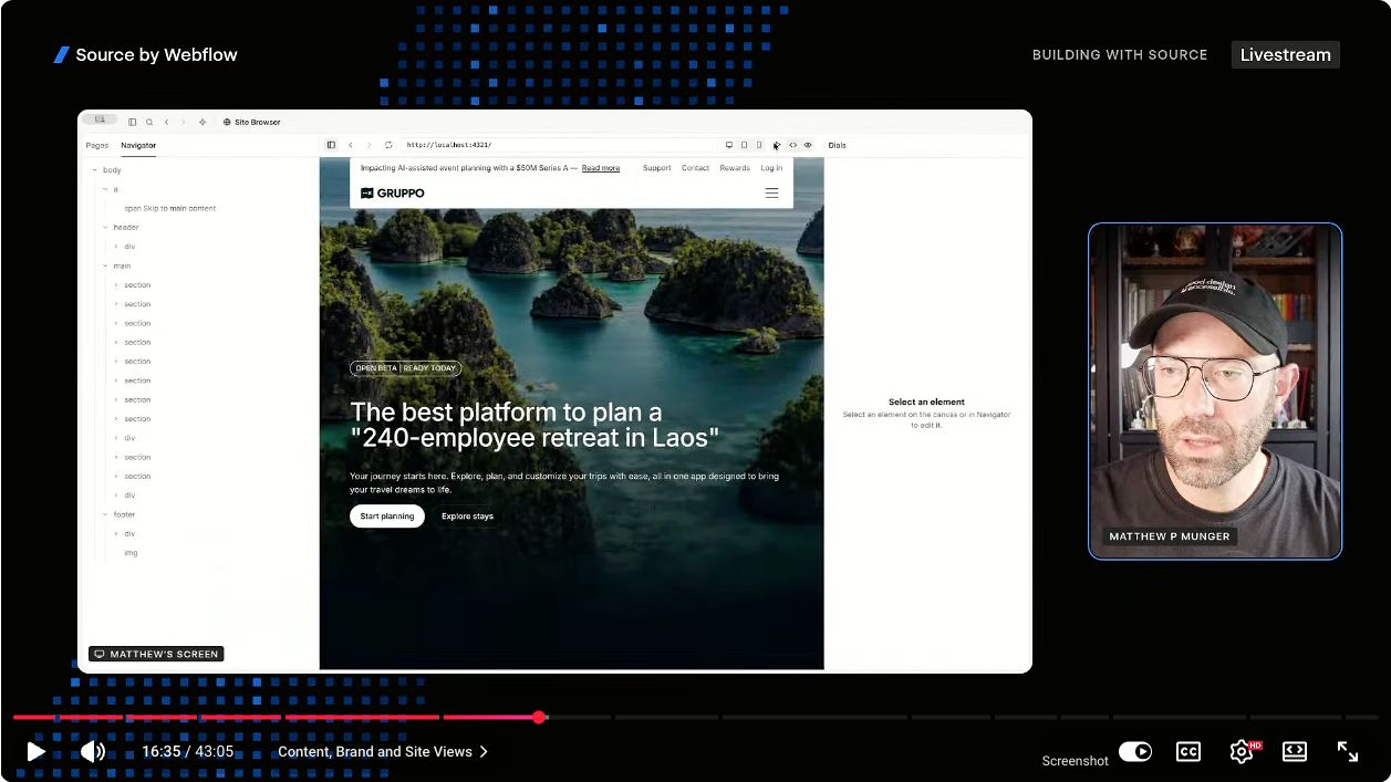 Sourceのサイトビューでページの構造とプレビューを確認する画面
