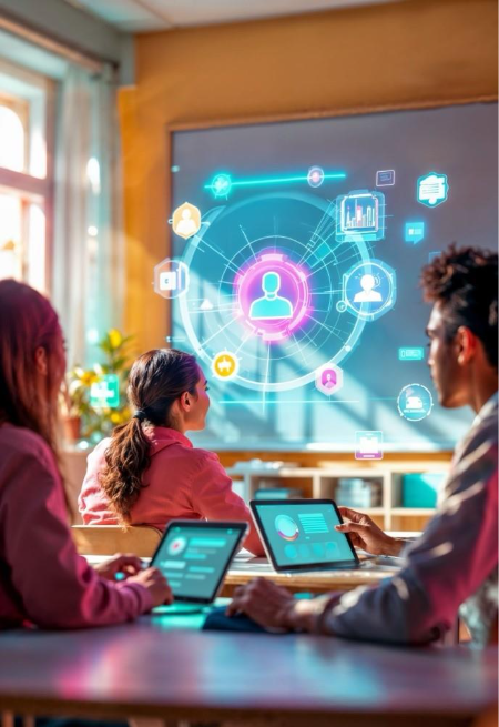 A group of people sitting at a desk with laptops and tablet computersAI-generated content may be incorrect.