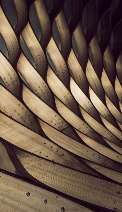 An abstract view of a modern wooden structure with a rhythmic pattern. The curvature of the wooden slats creates a wave-like effect, showcasing a dynamic interplay of light and shadow. The organic texture of the wood and the precision of the construction suggest a fusion of natural materials with contemporary design. Each slat is detailed with visible grain and fastening bolts, emphasizing the craftsmanship involved.