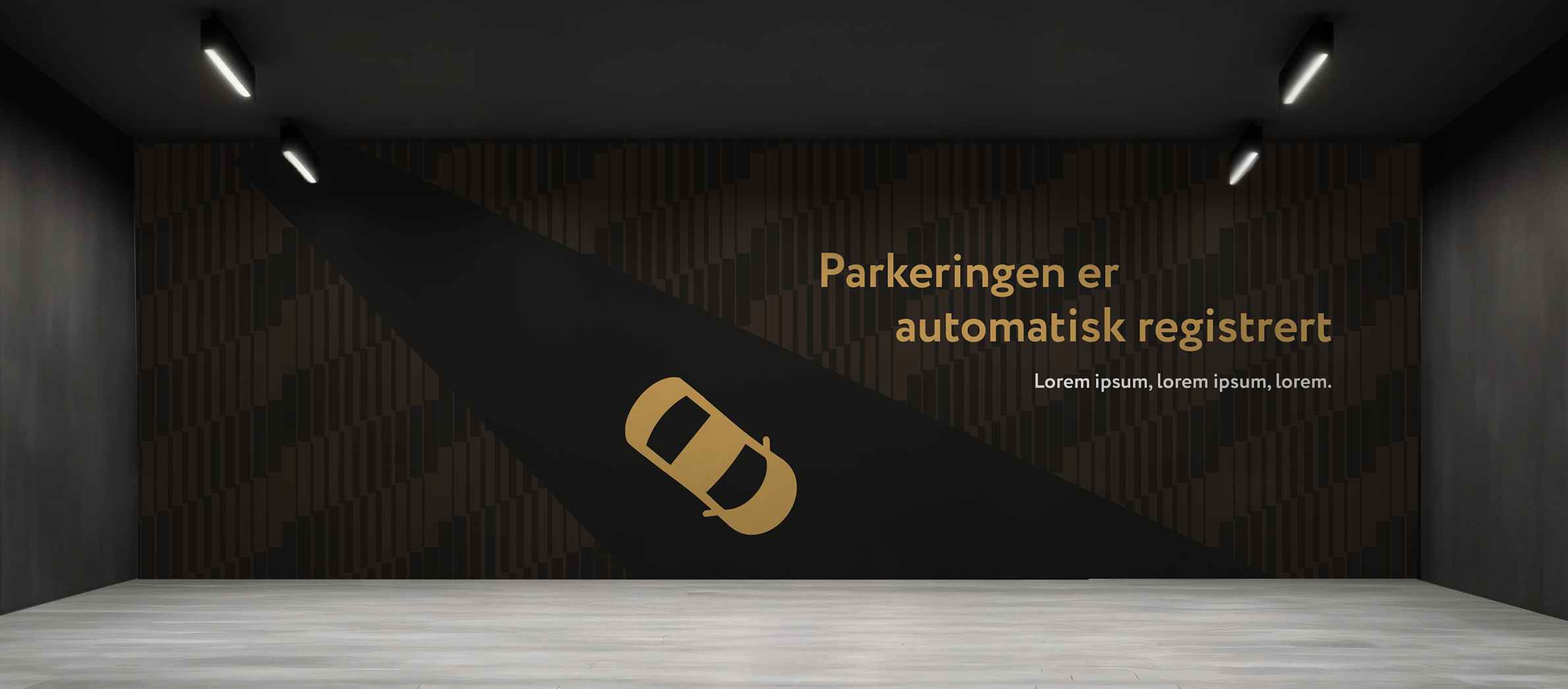 Endevegg i parkeringshus med illustrasjon av en bil og teksten "Parkeringen er automatisk registrert"