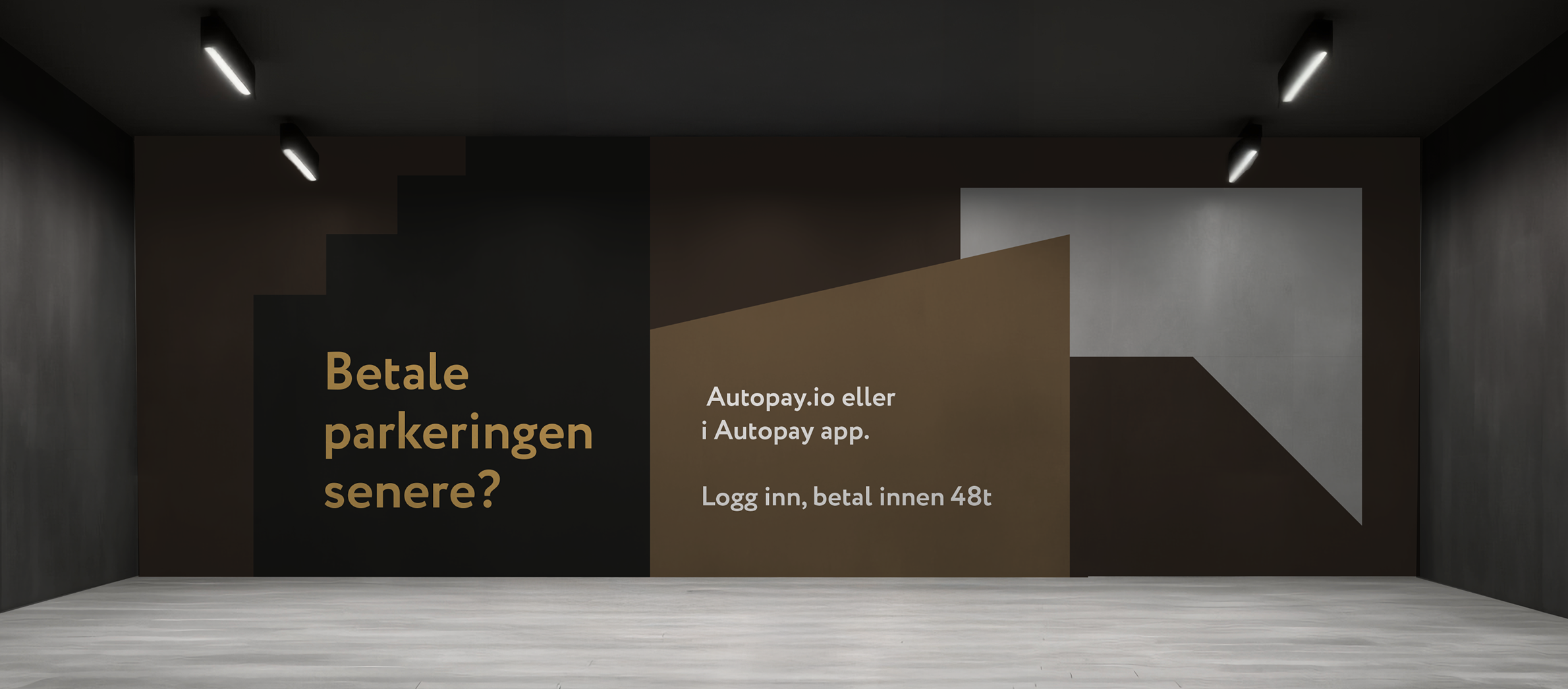 Endevegg i parkeringshus med illustrasjon av grafiske former i ulike farger og tekst som forklarer betalingsmetoder