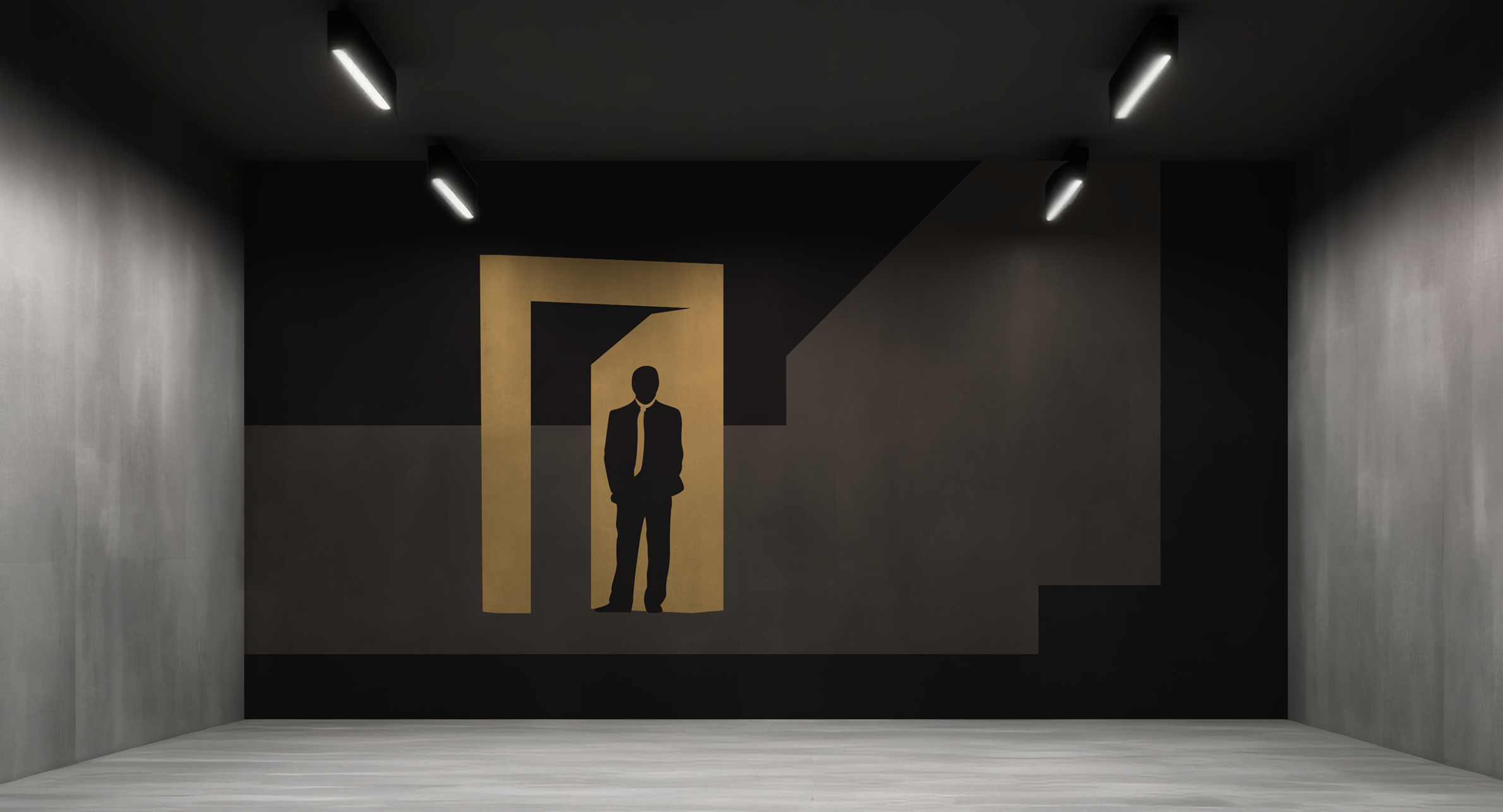 Endevegg i parkeringshus med illustrasjon av en mann i dress ved en døråpning