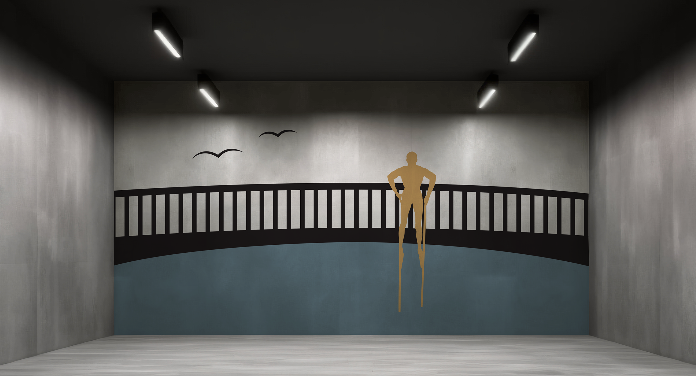 Endevegg i parkeringshus med illustrasjon av en bro og skulptur av en mann på stylter i vannet