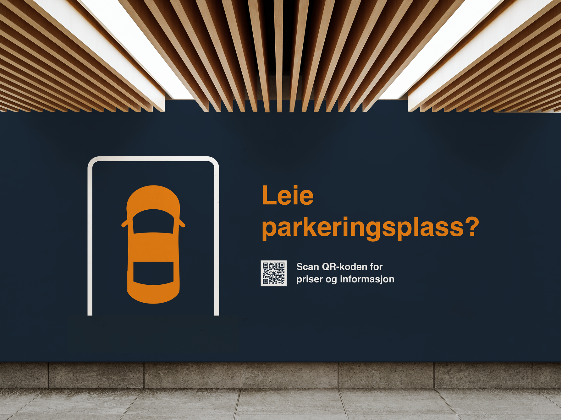 Vegg i parkeringshus med illustrasjon av en bil og  info om å leie parkeringsplass