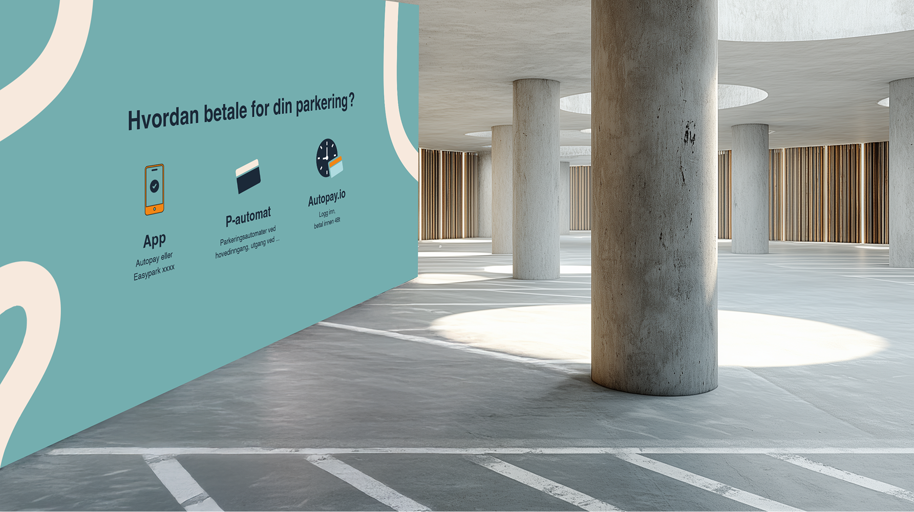 Vegg i parkeringshus med info om betaling av parkering