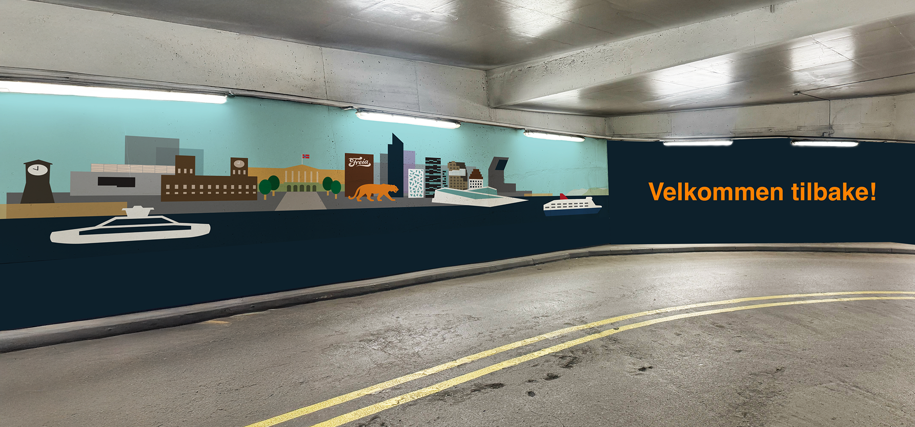Vegg i parkeringshus med skyline illustrasjon av Oslo og teksten "Velkommen tilbake!"