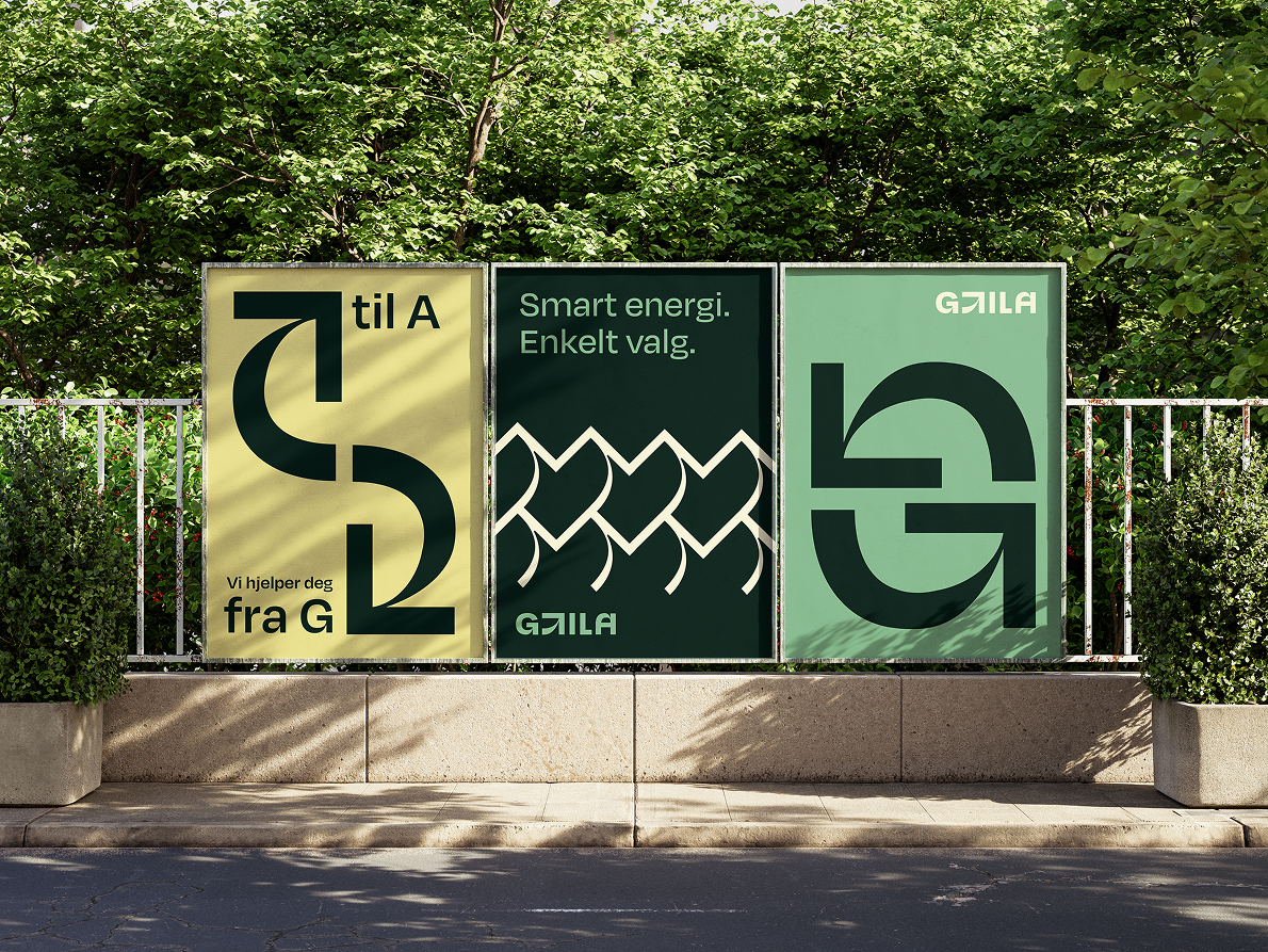 Tre plakater med reklame for Gtila, med en park i bakgrunnen