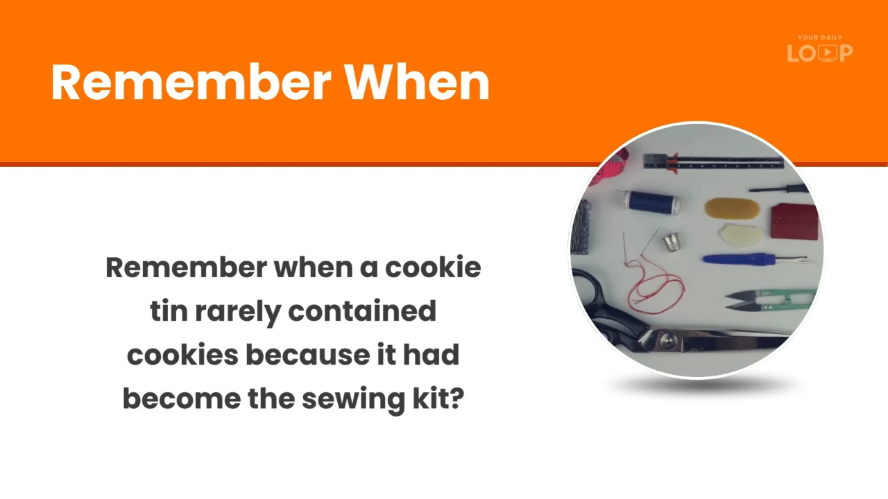 Remember When sample screen about cookie tins used as sewing kits